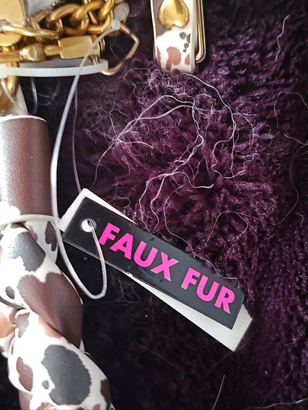 Faux Fur Brown & Cream Heart-Print Shoulder Bag - Picture 3 of 5